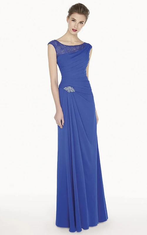 Langes Chiffon-Abendkleid in A-Linie mit kurzen Ärmeln, Kristall- und Spitzenbesatz am Ausschnitt