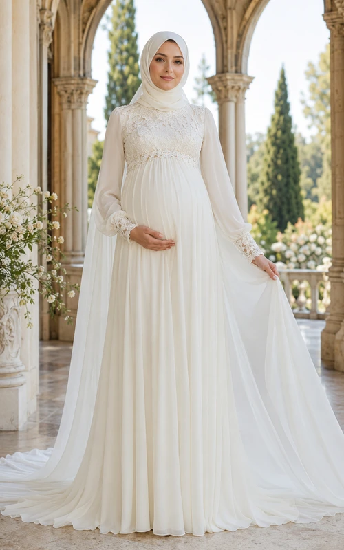 Vestido de novia de estilo imperio de encaje y gasa de manga larga para embarazadas, musulmán.