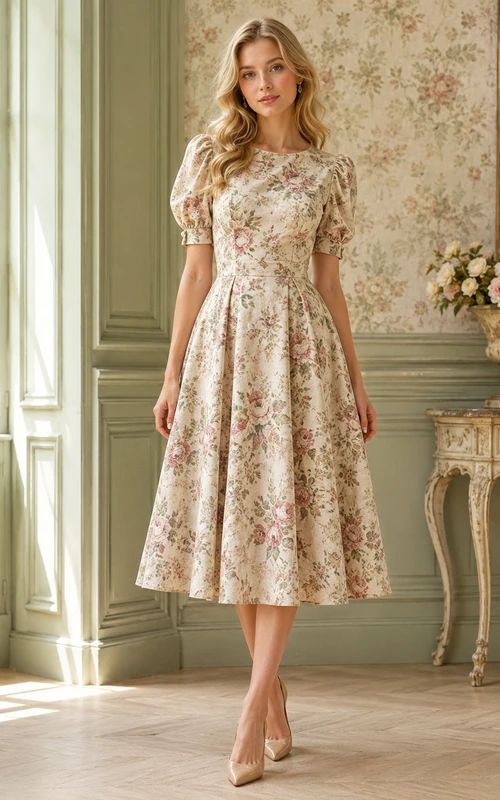 Vintage Wallpaper Floral Puff Sleeve Tea Length Dress