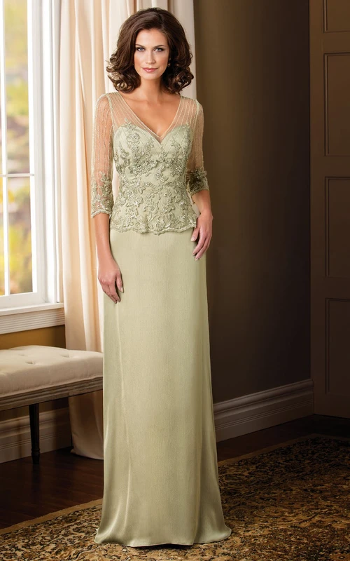 Robe longue à manches 3-4 pour la mère de la mariée, ornée d'appliqués et dos en V