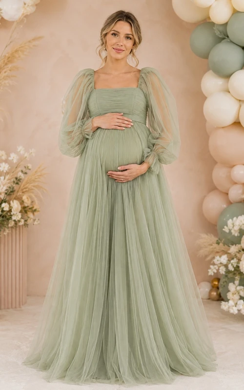 Vestido elegante de tul hasta el suelo, estilo imperio, con cuello cuadrado y mangas abullonadas, de Sage Maternity.