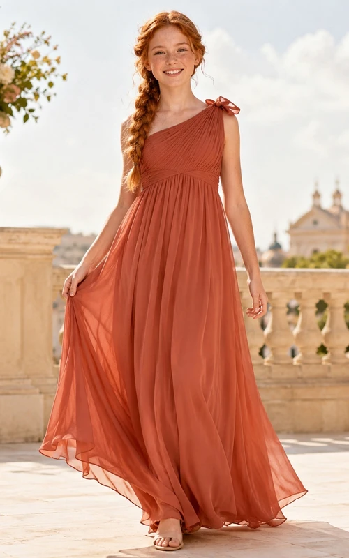 Vestido de dama de honor juvenil romántico, sin mangas, de gasa, de un solo hombro, corte en A y largo hasta el suelo, color naranja.