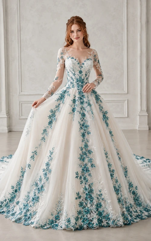 Türkisfarbenes, romantisches Brautkleid in A-Linie mit V-Ausschnitt, langen Ärmeln, Spitze und floralem Muster