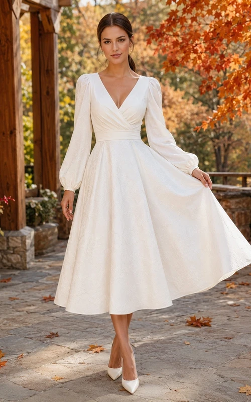 Simple V-Neck Long-Sleeve Satin A-Line Tea-Length Elopement Wedding Dress