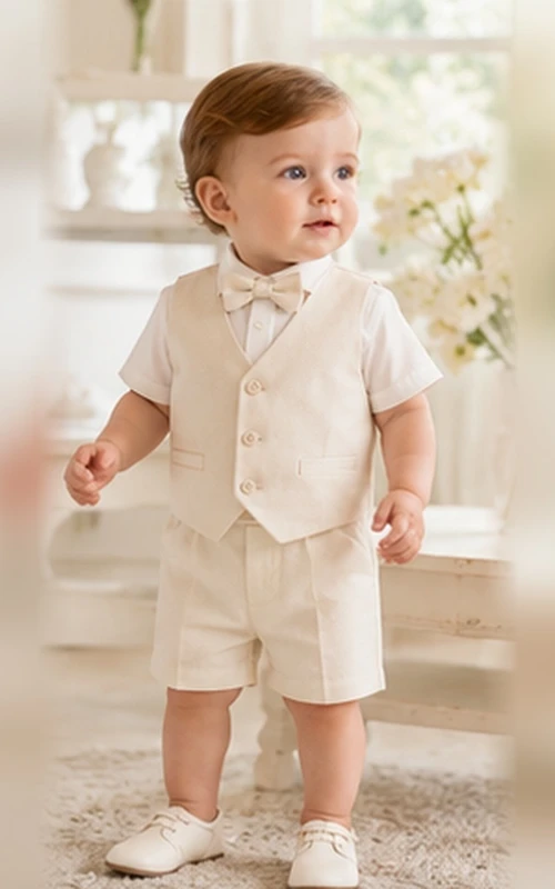 Cream Button Vest Bow Tie Short Baptism Suit Set for Baby Boy