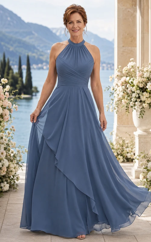Schieferblaues Chiffon-Kleid in A-Linie mit Neckholder und Rüschenrock