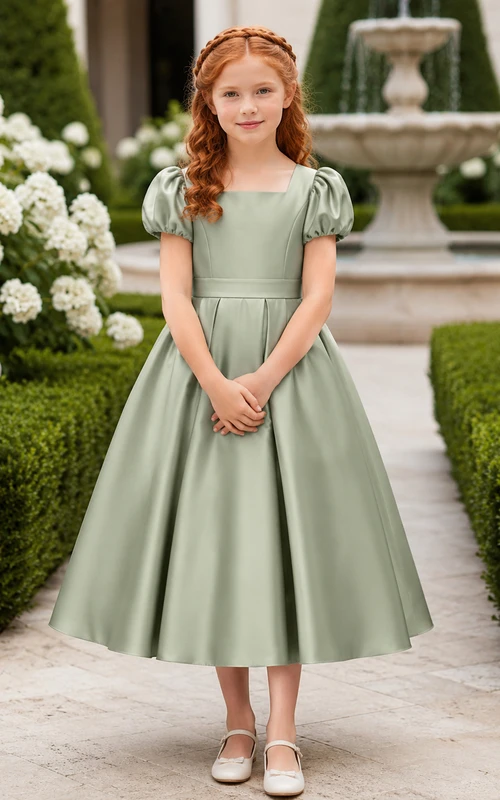 Robe moderne mi-longue trapèze en satin sauge, manches bouffantes, col carré, style demoiselle d'honneur
