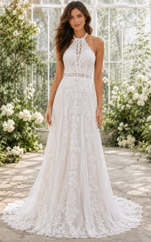 Bohemian High Neck Halter Lace A-Line Keyhole Back Sweep Wedding Gown