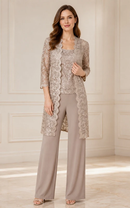 Taupe Lace Long Jacket Wide Leg Two Piece Formal Suit