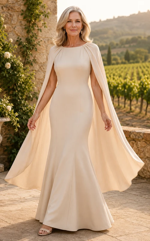 Champagnerfarbenes Meerjungfrauen-Kleid mit Cape im Bateau-Stil