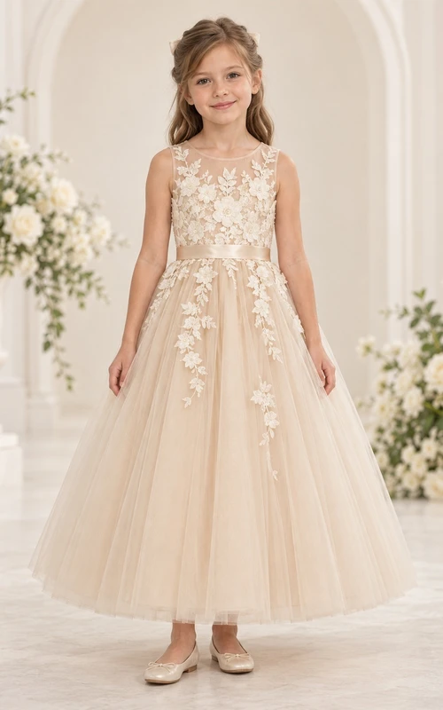 Champagne Floral A-line Tulle Sleeveless Ankle-length Illusion-Neck Appliqued Flower Girl Dress