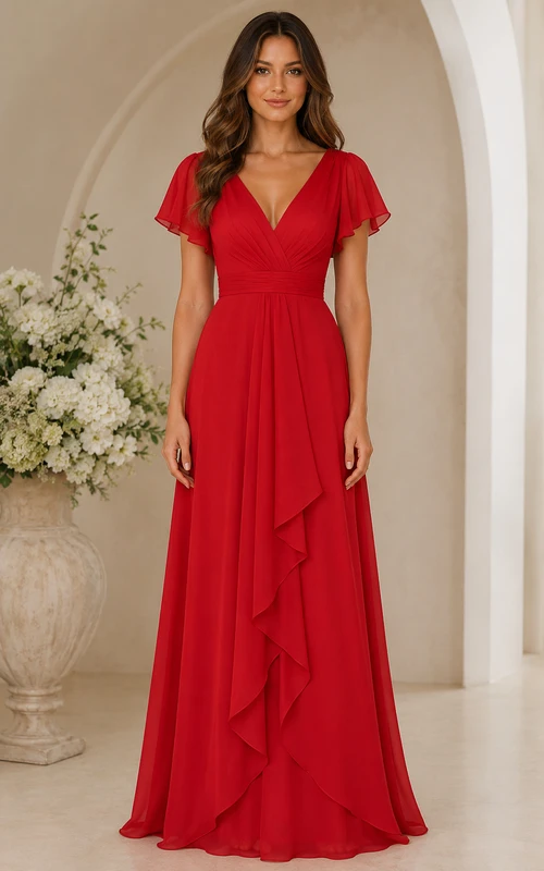 Rotes Brautjungfernkleid aus Chiffon mit V-Ausschnitt, Rüschen und A-Linie