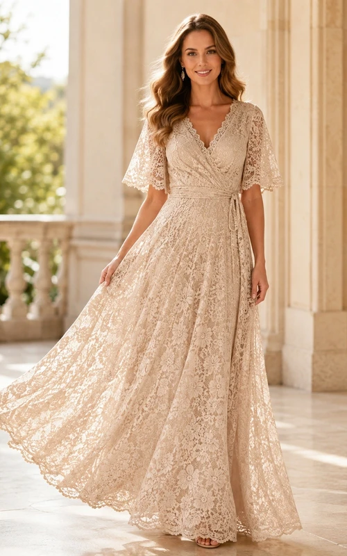 Champagnerfarbenes, bodenlanges Abendkleid mit V-Ausschnitt, flatternden Ärmeln und Spitze in A-Linie