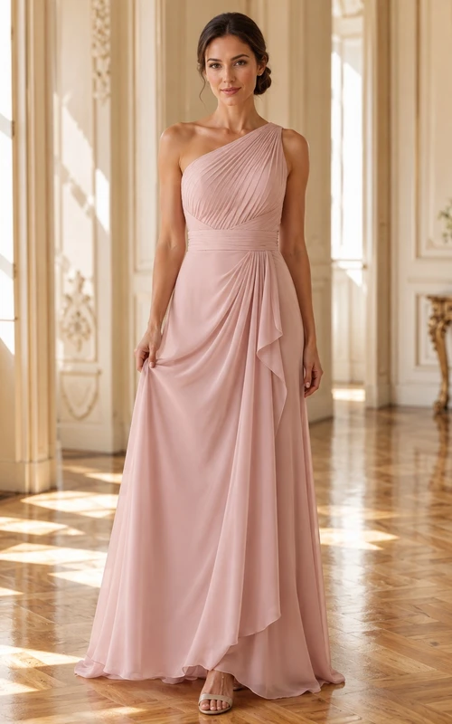 Elegantes, bodenlanges, plissiertes Chiffonkleid in Blush-Rosé für festliche Anlässe mit One-Shoulder-Ausschnitt.