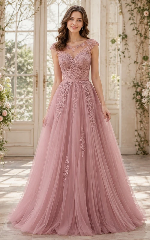 Vestido de gala de manga corta con cuello joya de tul color rosa empolvado