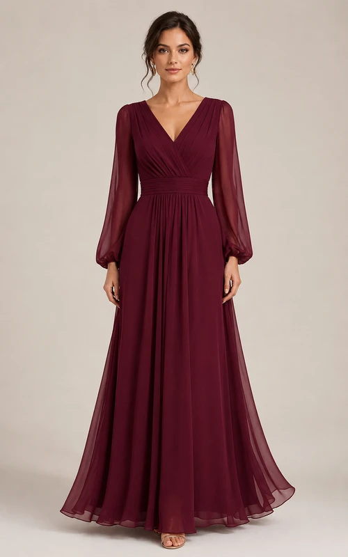 A-Linien-Brautjungfernkleid aus Chiffon mit V-Ausschnitt, langen Ärmeln und Falten