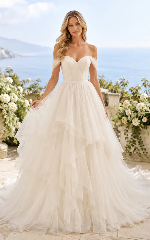 Lace Tulle Wedding Dress A-Line Strapless Sweetheart Sweep Train Low V Back Bridal Gown
