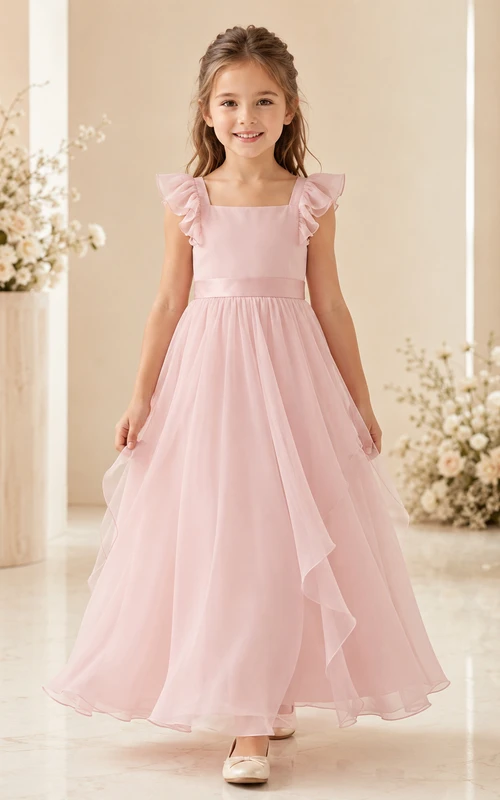 Blumenmädchenkleid aus rosafarbenem Chiffon, A-Linie, V-Ausschnitt, Teelänge, plissiert