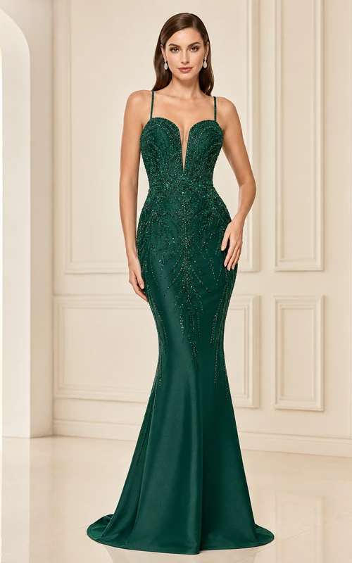 Dark Green Spaghetti Strap Sequin Mermaid Prom Dress with Plunging Neckline
