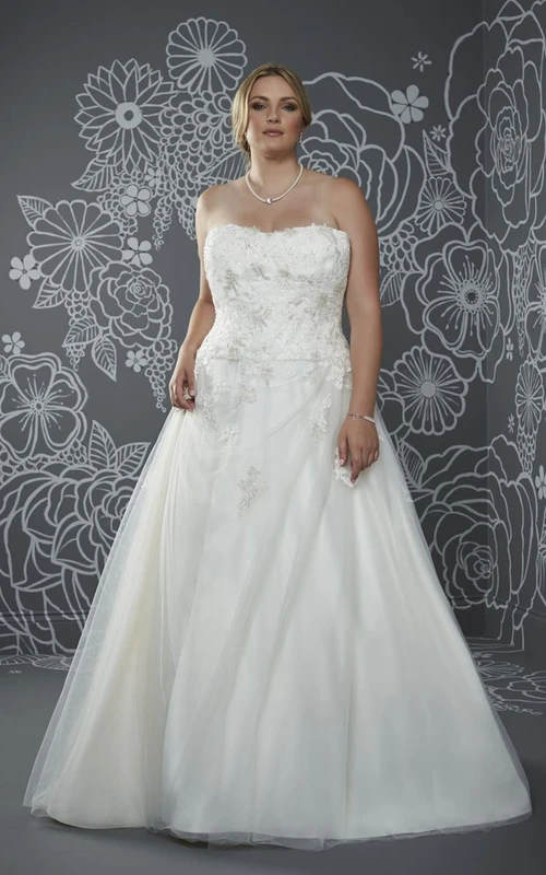 Robe trapèze longue sans bretelles en satin, traîne courte, laçage au dos et appliques