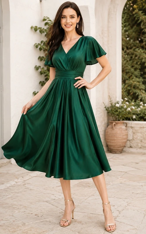 Dunkelgrünes Chiffon-Midikleid in A-Linie mit V-Ausschnitt, Puffärmeln