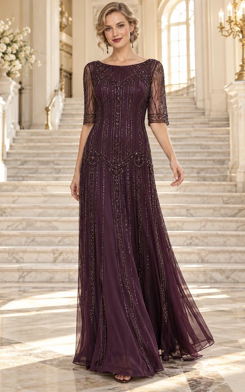 Robe de soirée longue prune des années 1920, à manches transparentes et perles, style bateau.