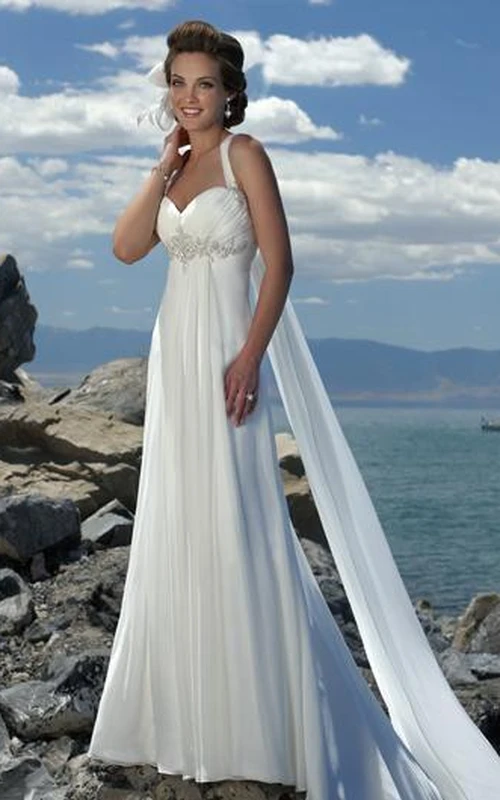 Empire Waist Spaghetti Straps Brush Train Chiffon Beach Simple Wedding Dress