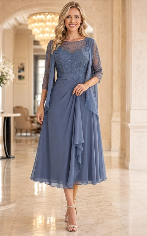 Vestido de recepción para madres, color azul pizarra, con escote barco, encaje, manga tres cuartos y largo hasta la rodilla.