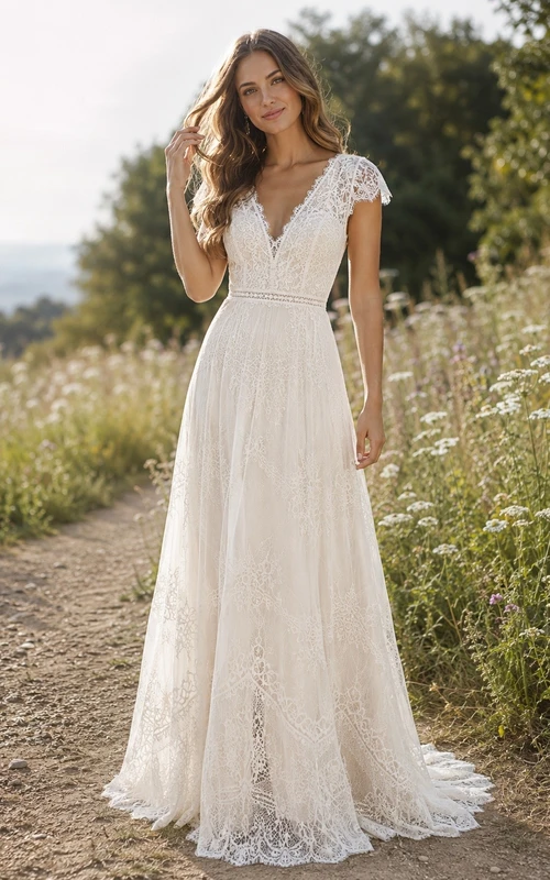 Bohemian Lace V-neck Short Sleeve A-Line Sweep Train Bridal Gown