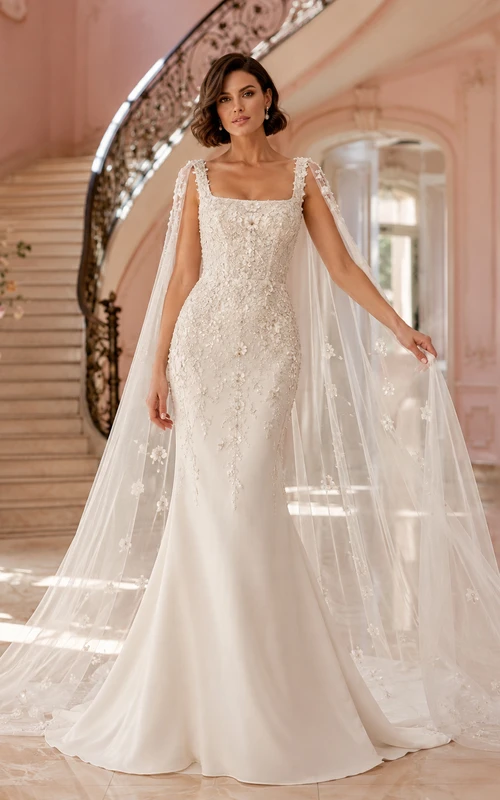Robe de mariée de luxe pour salle de bal, ornée de dentelle, bretelles carrées, manches longues, coupe fourreau et traîne.