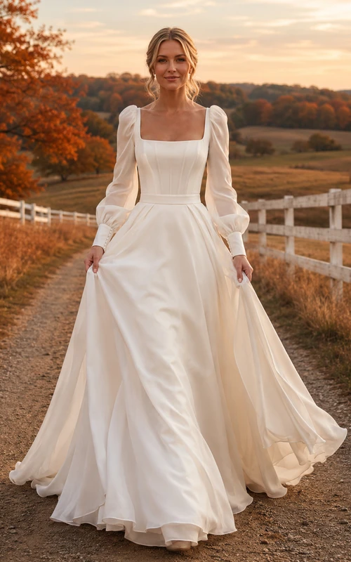 Vestido de novia rústico de corte A con escote cuadrado y mangas largas de satén y gasa, ideal para otoño.