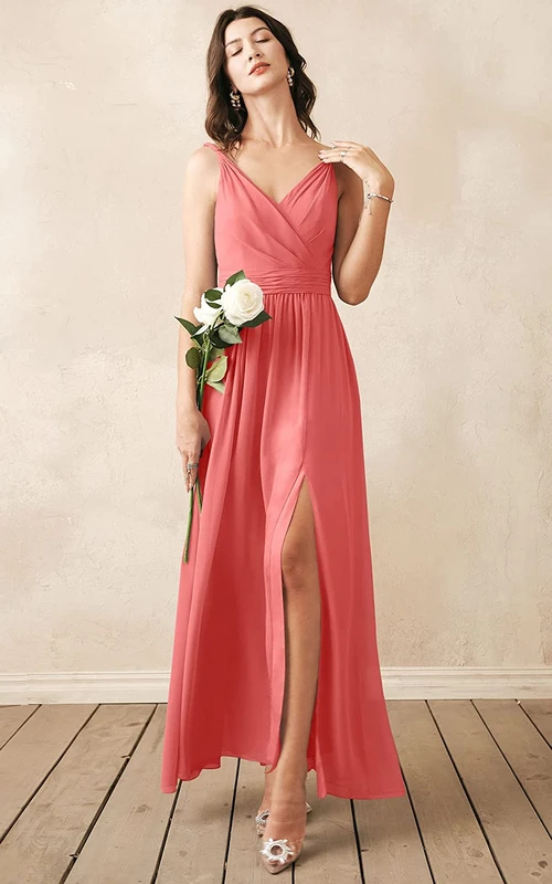 Sexy ärmelloses, knöchellanges Chiffon-Brautjungfernkleid mit V-Ausschnitt, A-Linie und Raffungen