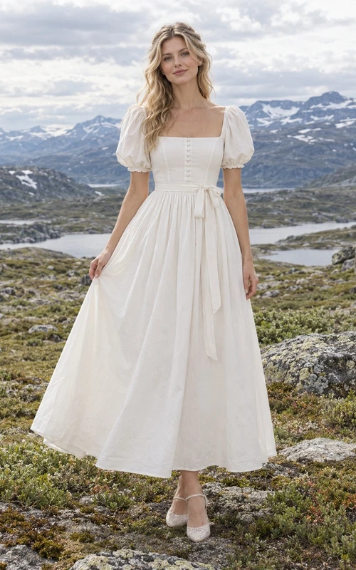 Vestido de novia de popelina de algodón, largo hasta la rodilla, escote cuadrado, corte en A, mangas abullonadas y fajín.