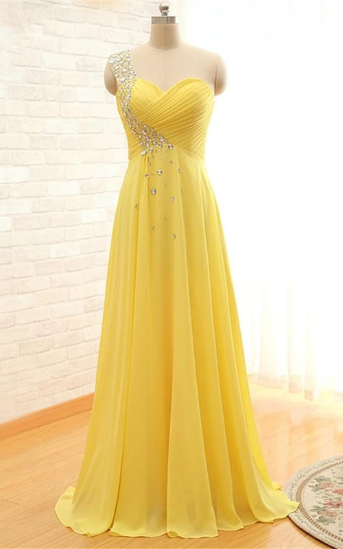 Elegantes, ärmelloses Chiffon-Abendkleid mit einem Träger und Kristallen