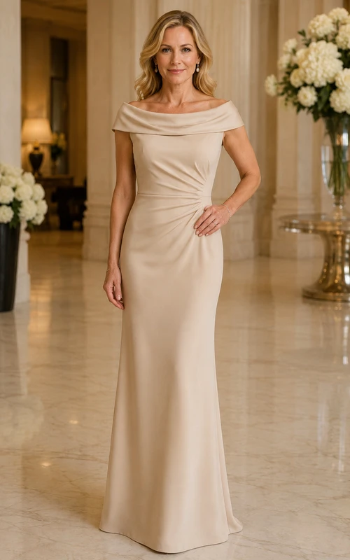 MOB-Kleid Champagnerfarbenes Satin-Meerjungfrauenkleid mit kurzen Ärmeln, schulterfrei, bodenlang und drapiert