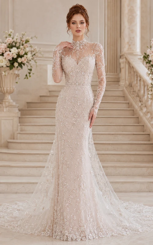 Robe de mariée sirène en dentelle fine, col montant, manches longues, traîne chapelle, ornée d'appliqués floraux, style jardin.