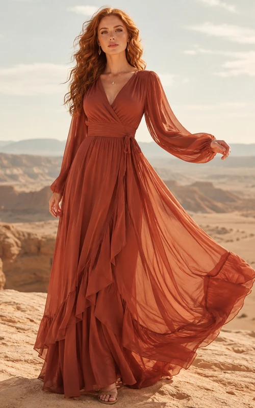 Vestido de invitada largo hasta el suelo, de gasa, corte A, con escote en V, mangas abullonadas y estilo bohemio, color marrón óxido.