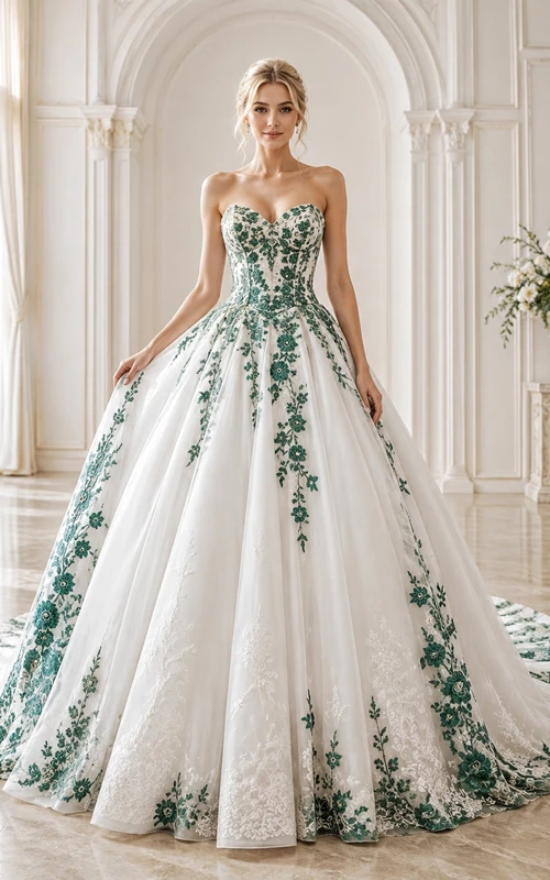 Emerald Lacework Bridal Ball Gown Strapless Sleeveless Cathedral Train Romantic Elegant Gown