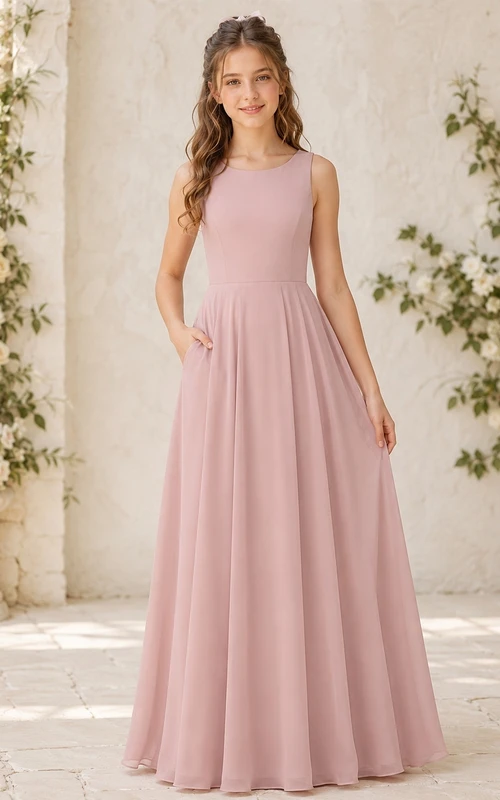 Vestido de dama de honor juvenil rosa ruborizado, corte en A, escote redondo, sin mangas, gasa, detalle de bolsillo, sencillo.