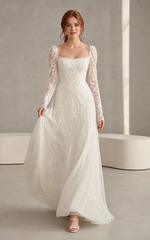 Square Neck Long Sleeve Lace Modern Studio Bridal Gown