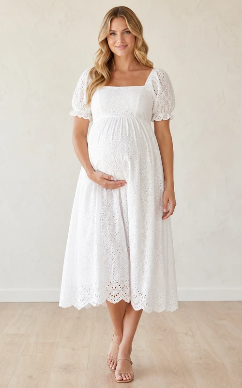 Robe de mariée de maternité longueur thé, col carré, manches bouffantes, dentelle ajourée, col rond, manches bouffantes, robe de mariée en dentelle ajourée.