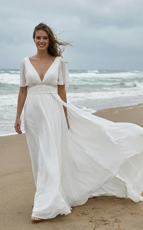 Kurzärmeliges Chiffon-Brautkleid mit V-Ausschnitt und Schleppe, V-Ausschnitt