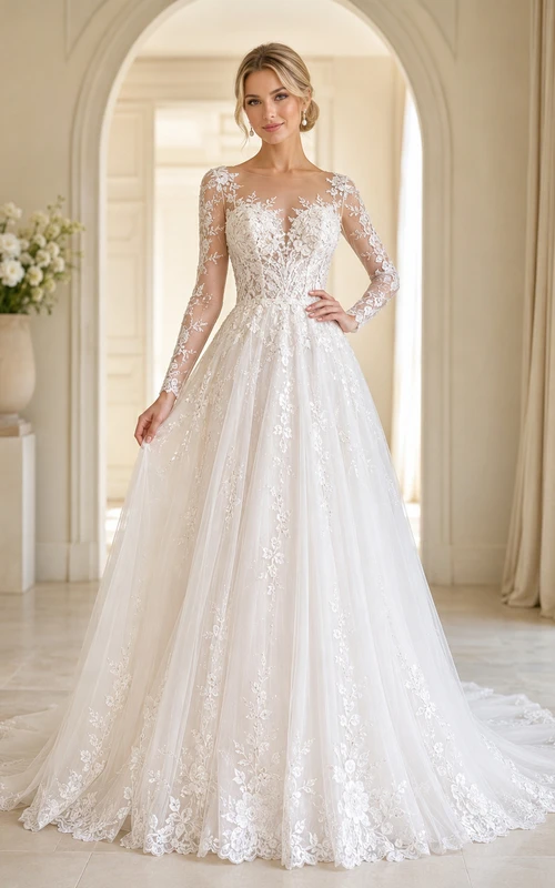 Robe de mariée romantique en dentelle, coupe trapèze, manches longues, col bijou illusion, robe de mariée à traîne chapelle.