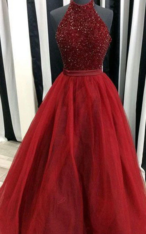 Robe de bal trapèze en tulle à sequins, dos nu, sans manches, fermeture éclair