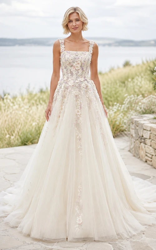 Romantisches, mehrfarbiges Abendkleid mit eckigem Ausschnitt, floralen Applikationen und A-Linien-Schnitt aus Tüll.