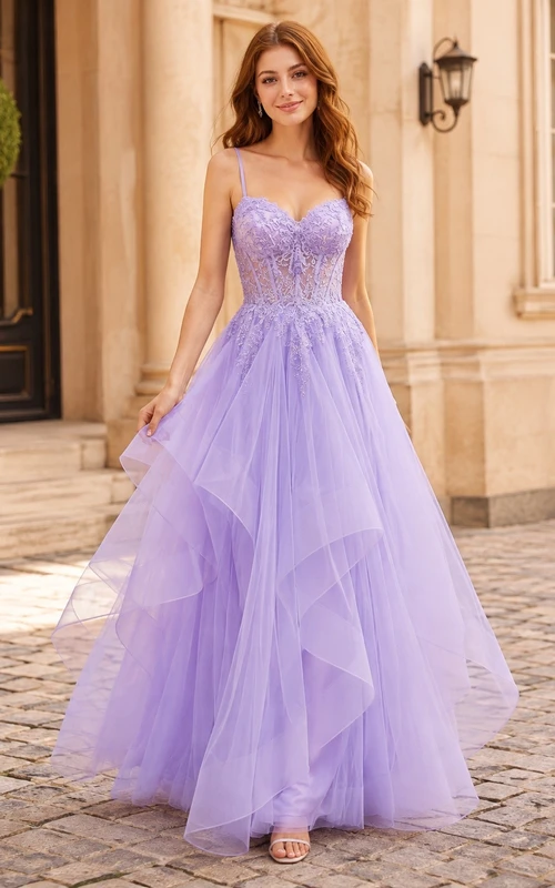 Lavender Sweetheart Straps Sleeveless Tiered Tulle Ball Gown