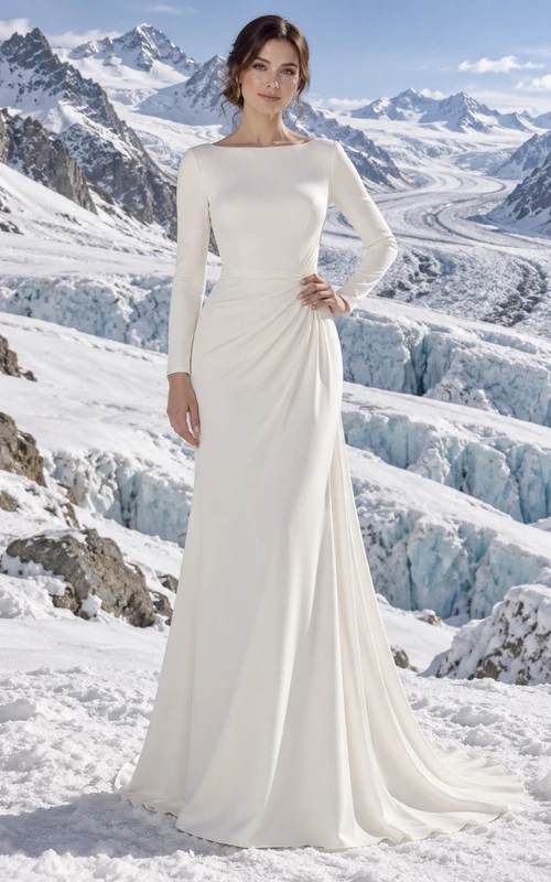 Vestido de novia sencillo y modesto de crepé elástico con escote barco, mangas largas y cola larga estilo sirena.