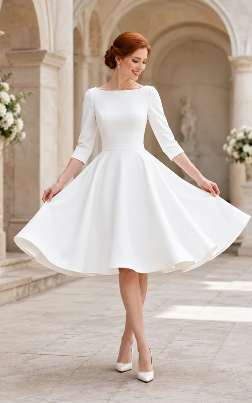 Vestido de novia de corte A vintage de satén con escote barco y mangas largas hasta la rodilla