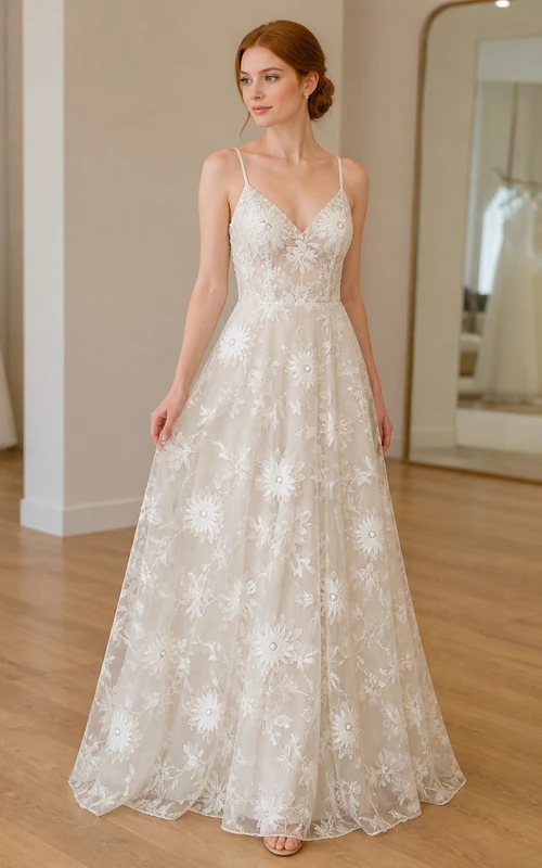 Vestido de novia largo hasta el suelo, estilo bohemio romántico, corte A, tirantes finos, encaje floral y tirantes finos.