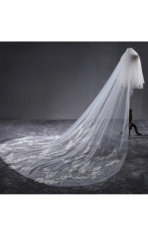 Voile de mariée long et vaporeux en tulle orné de dentelle et d'appliqués floraux